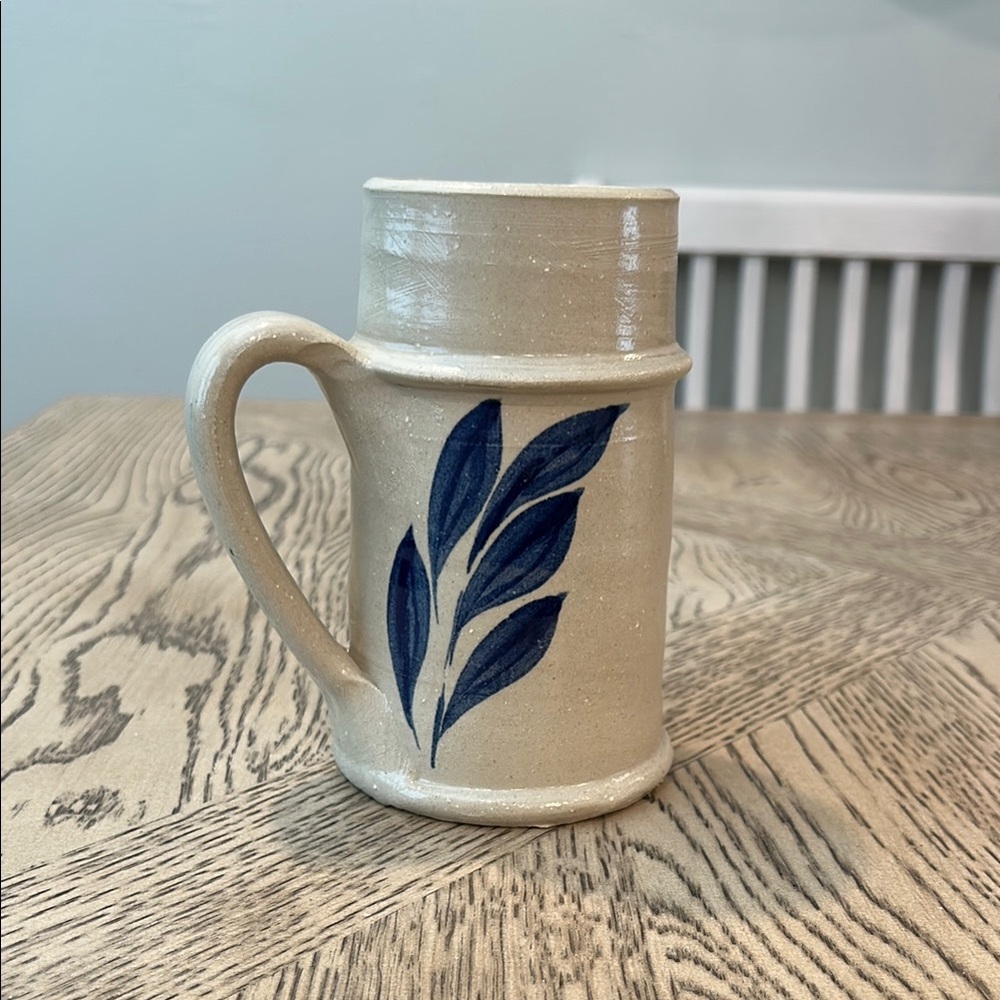 Vintage Williamsburg Pottery Mug Tall Cobalt Blue Leaf Salt Glazed